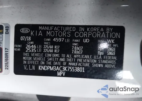 2019 Kia Sportage Lx z USA, uszkodzony, nr VIN KNDPM3AC3K7553801